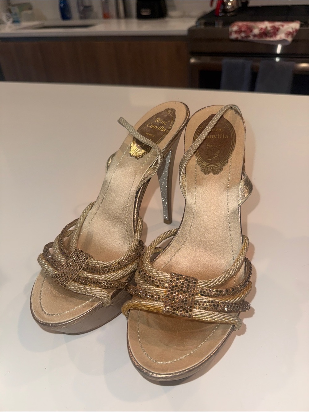 Rene Caovilla Gold Braided Crystal Slingback Heels